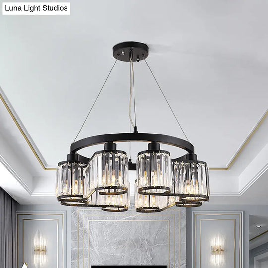 6/8 Light Modern Cylindrical Black Crystal Suspension Chandelier