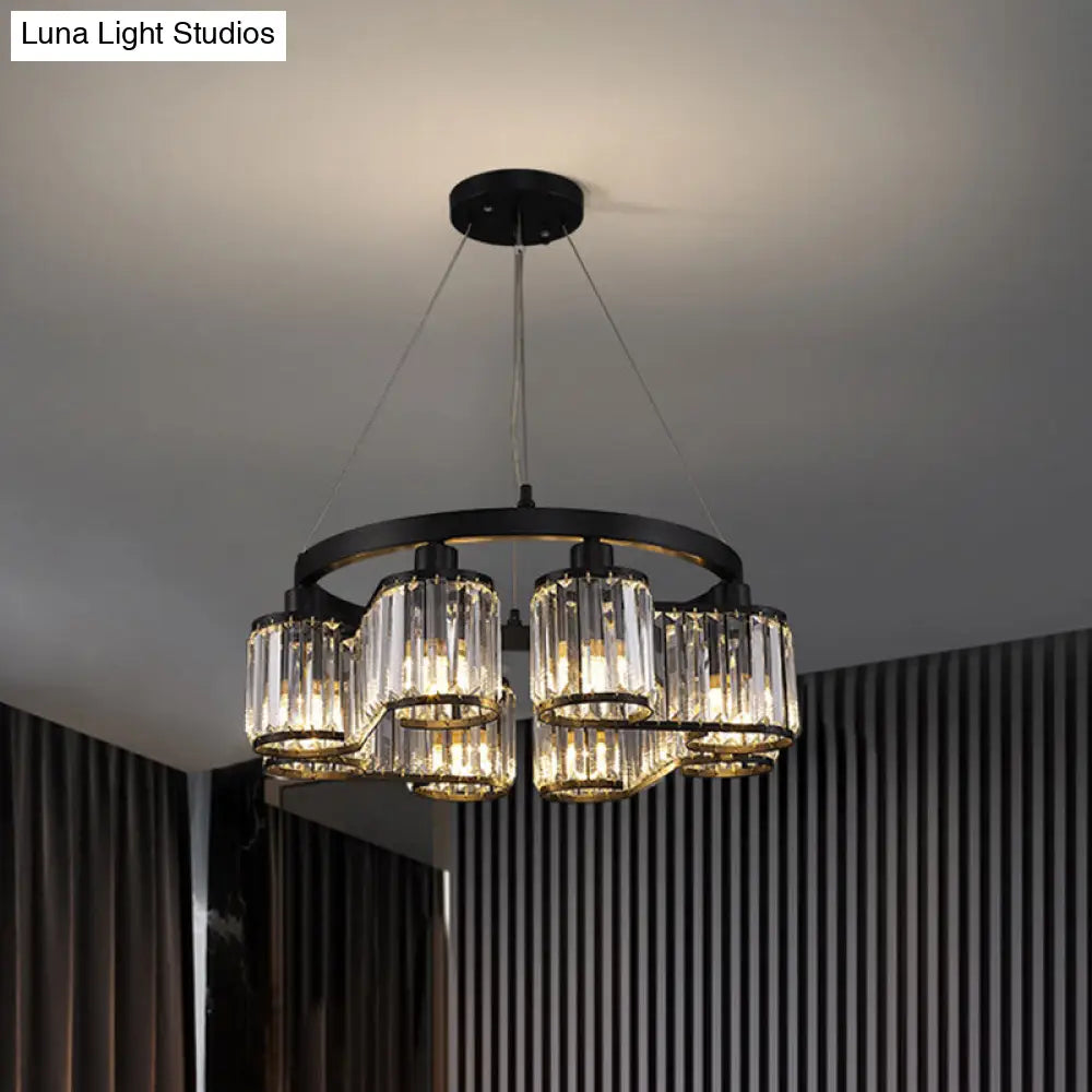 6/8 Light Modern Cylindrical Black Crystal Suspension Chandelier