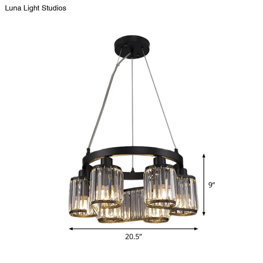 6/8 Light Modern Cylindrical Black Crystal Suspension Chandelier