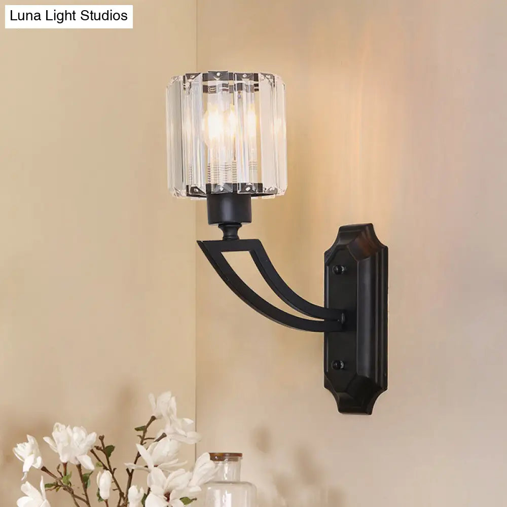 Modern Cylindrical Clear Crystal Wall Sconce With Curved Arm And Black/Gold Finish