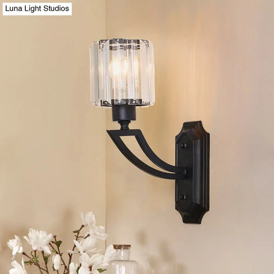 Modern Cylindrical Clear Crystal Wall Sconce With Curved Arm And Black/Gold Finish