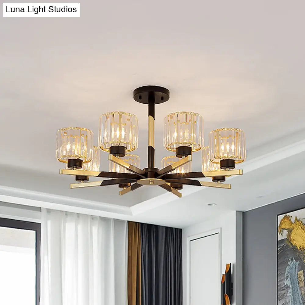 Modern Cylindrical Crystal Semi Flush Chandelier In Black - 6/8 - Head Living Room Ceiling Light