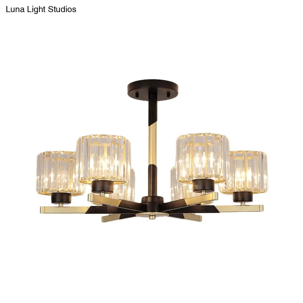 Modern Cylindrical Crystal Semi Flush Chandelier In Black - 6/8 - Head Living Room Ceiling Light