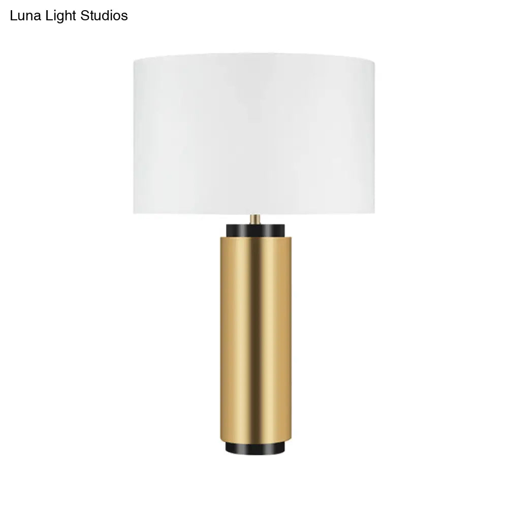 Modern Cylindrical Desk Lamp - White Fabric Shade Gold Metal Base