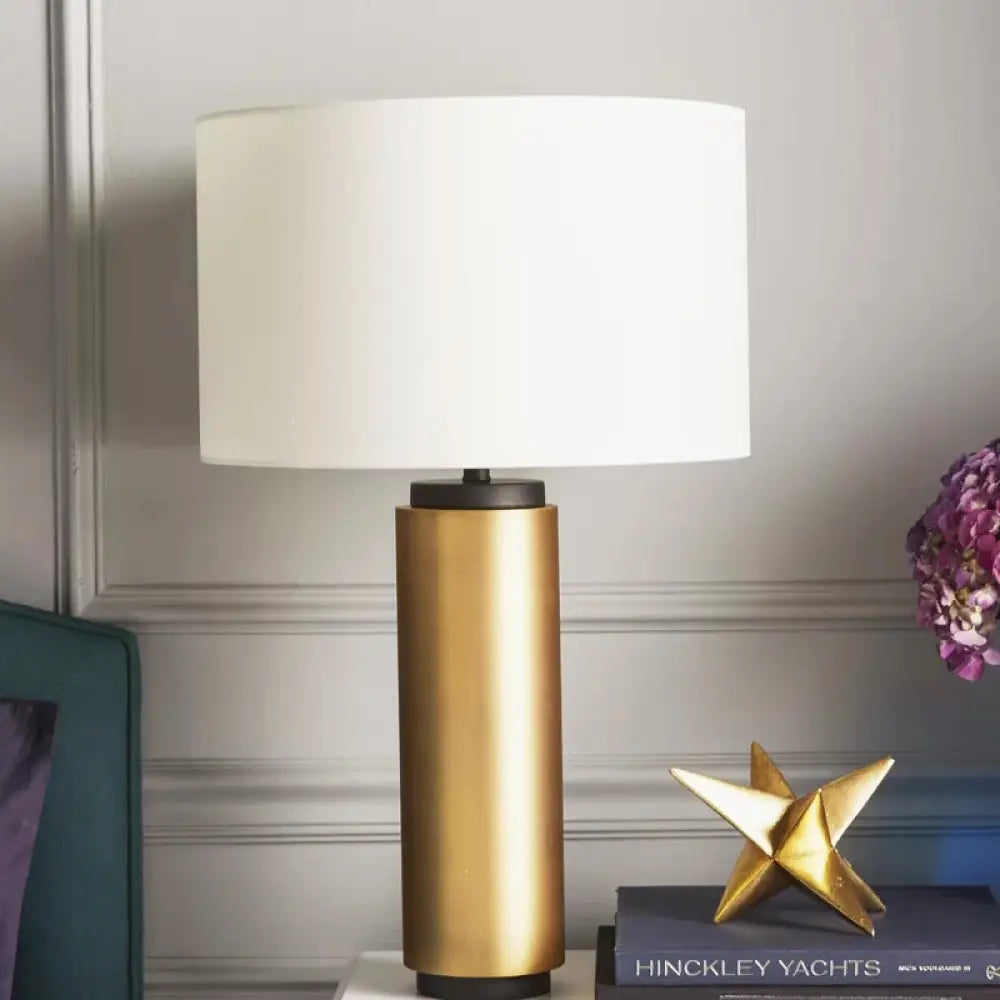 Modern Cylindrical Desk Lamp - White Fabric Shade Gold Metal Base