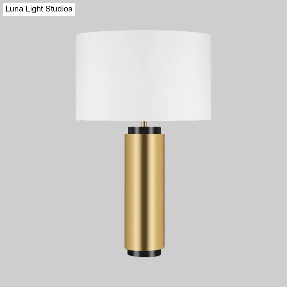 Modern Cylindrical Desk Lamp - White Fabric Shade Gold Metal Base