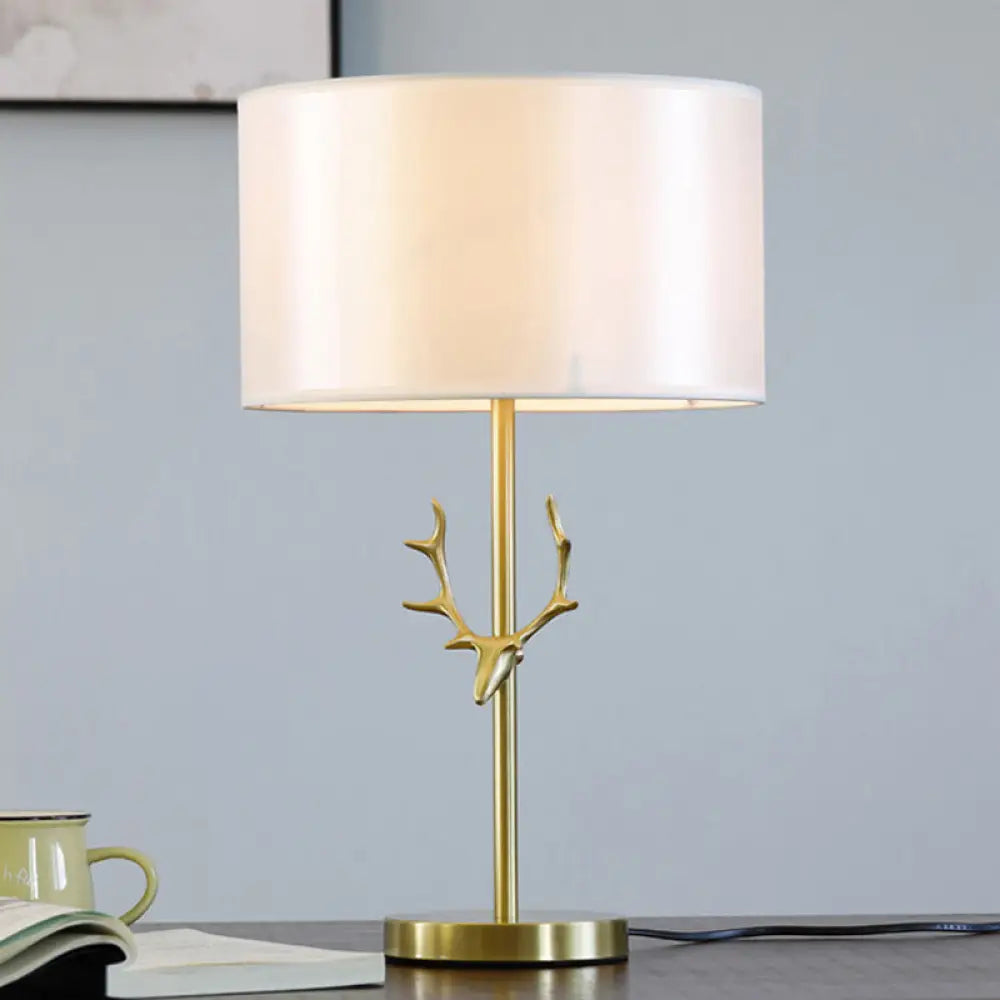 Modern Cylindrical Fabric Desk Light: White Night Table Lamp With Gold Metal Elk Accent