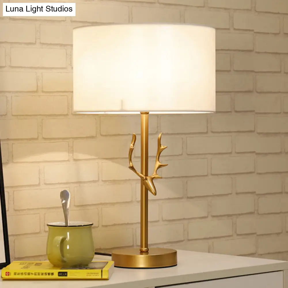 Modern Cylindrical Fabric Desk Light: White Night Table Lamp With Gold Metal Elk Accent