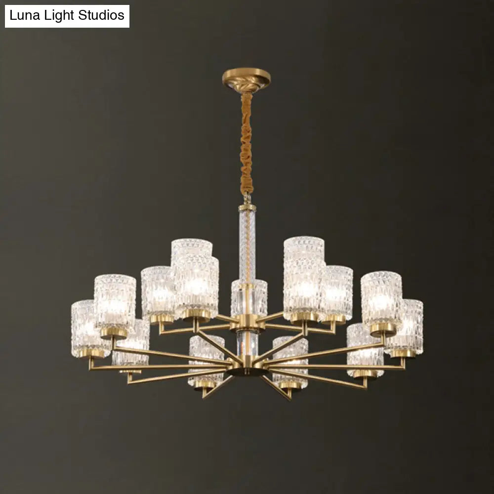 Modern Cylindrical Pendant Chandelier With Beveled Crystal In Gold – Ideal For Living Rooms