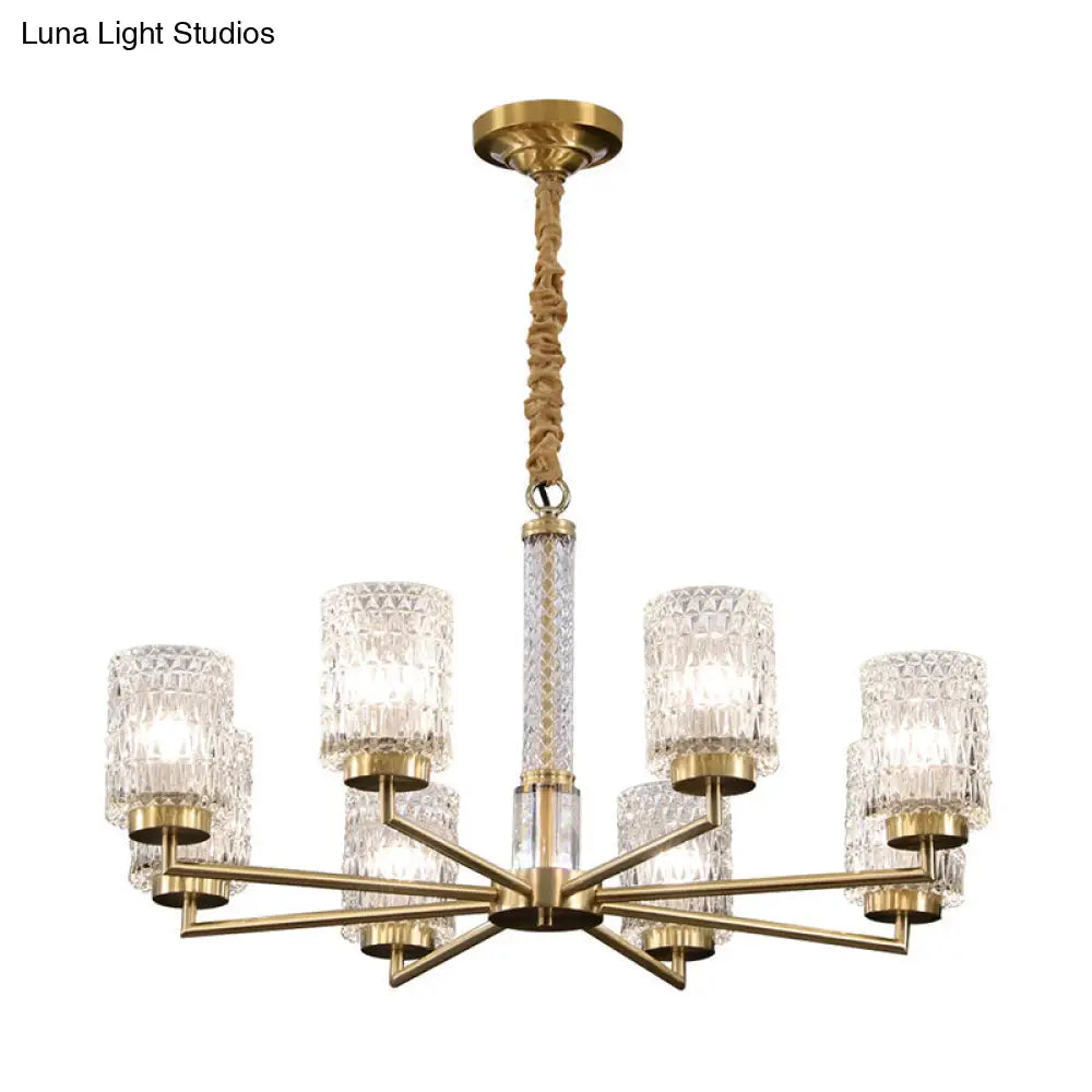 Modern Cylindrical Pendant Chandelier With Beveled Crystal In Gold – Ideal For Living Rooms