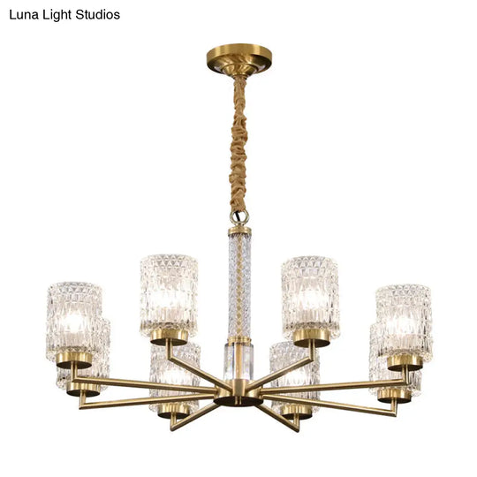 Modern Cylindrical Pendant Chandelier With Beveled Crystal In Gold – Ideal For Living Rooms