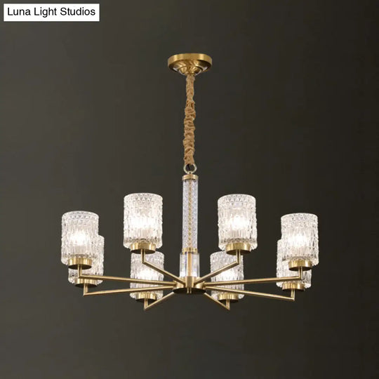 Modern Cylindrical Pendant Chandelier With Beveled Crystal In Gold – Ideal For Living Rooms