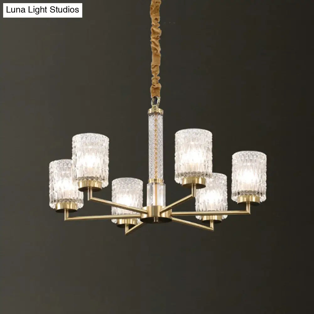 Modern Cylindrical Pendant Chandelier With Beveled Crystal In Gold – Ideal For Living Rooms