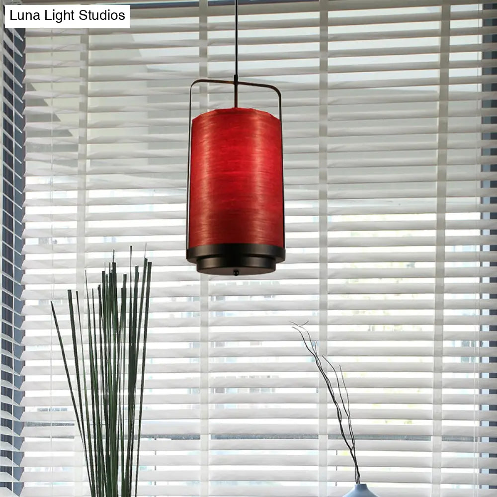 Modern 1-Light Cylindrical Pendant Lamp In White/Red/Green Fabric For Dining Room