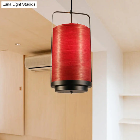 Modern Cylindrical Pendant Lamp 1 Light - Fabric White/Red/Green Dining Room Hanging Fixture