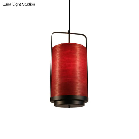 Modern 1-Light Cylindrical Pendant Lamp In White/Red/Green Fabric For Dining Room