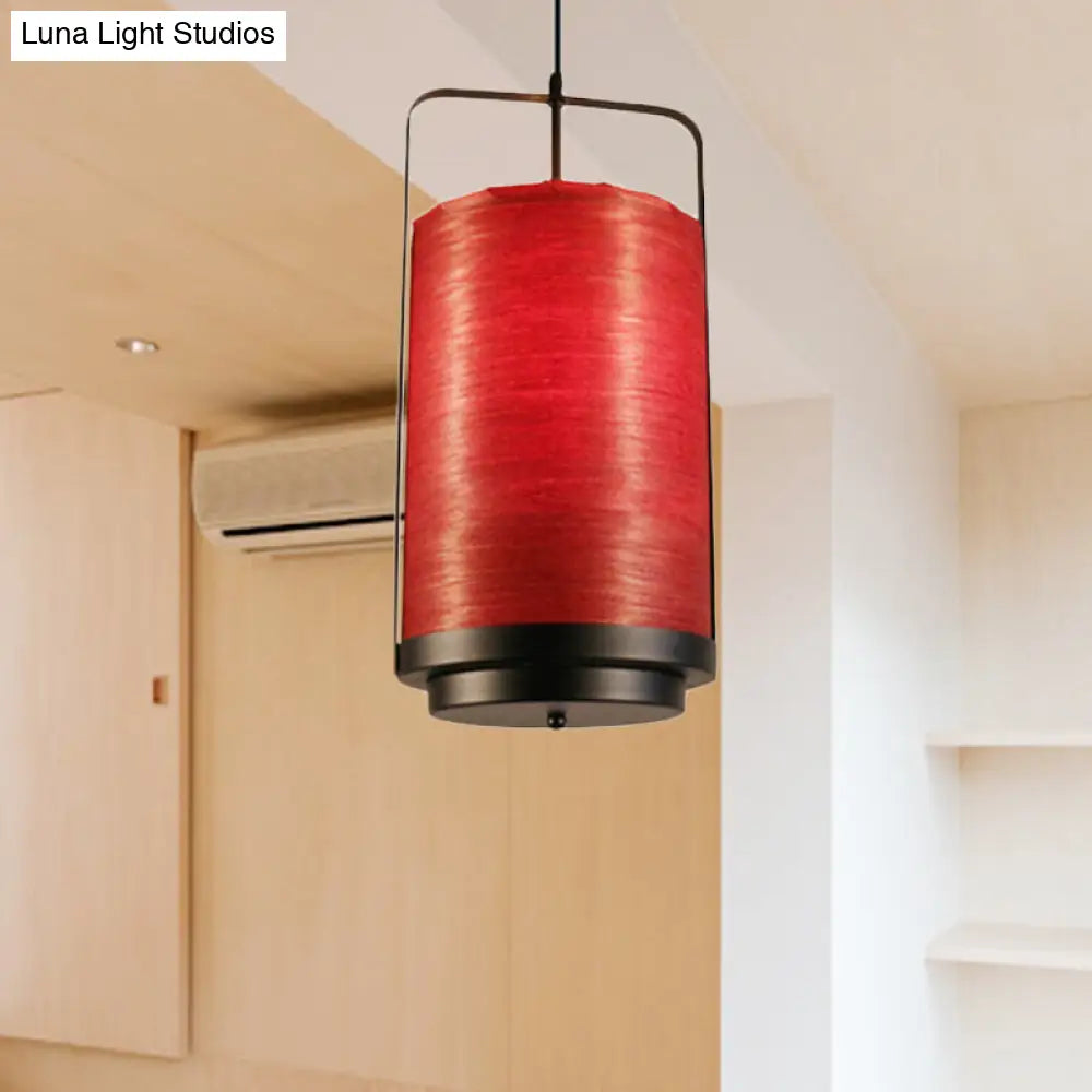 Modern 1-Light Cylindrical Pendant Lamp In White/Red/Green Fabric For Dining Room