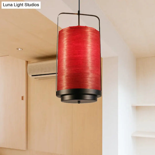 Modern 1-Light Cylindrical Pendant Lamp In White/Red/Green Fabric For Dining Room