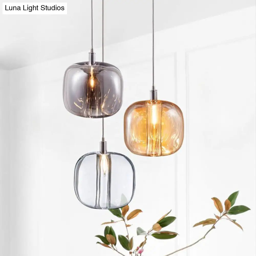 Modern Designer Drum Suspension Pendant - Mirrored Clear/Amber/Smoke Glass 1 Light Hanging Lamp