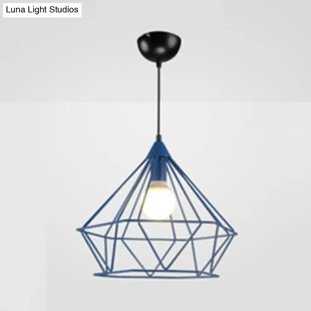 Modern Diamond Cage Pendant Light For Hotel - Single Head Metallic Hanging Fixture