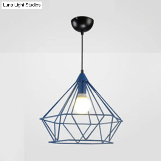 Modern Diamond Cage Pendant Light For Hotel - Single Head Metallic Hanging Fixture