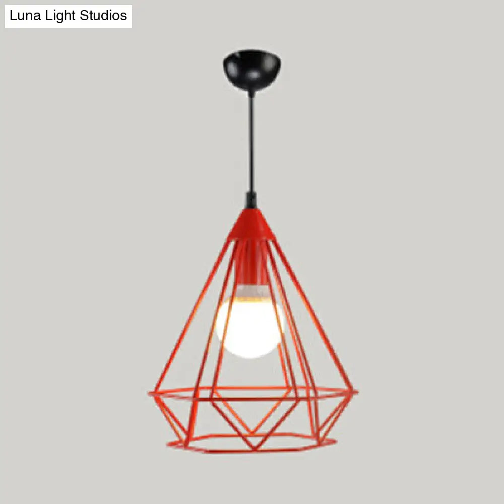 Metallic Diamond Cage Pendant Light For Modern Hotel Decor Red / 10