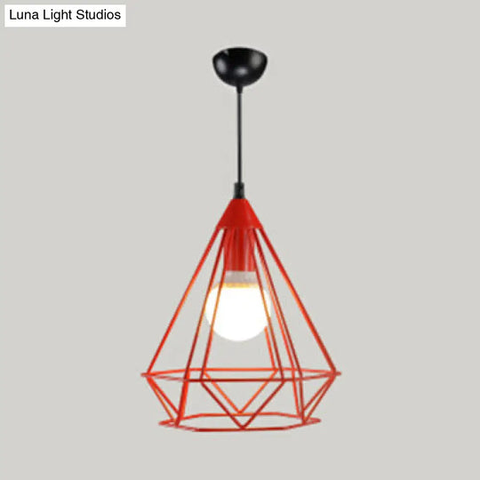 Metallic Diamond Cage Pendant Light For Modern Hotel Decor Red / 10