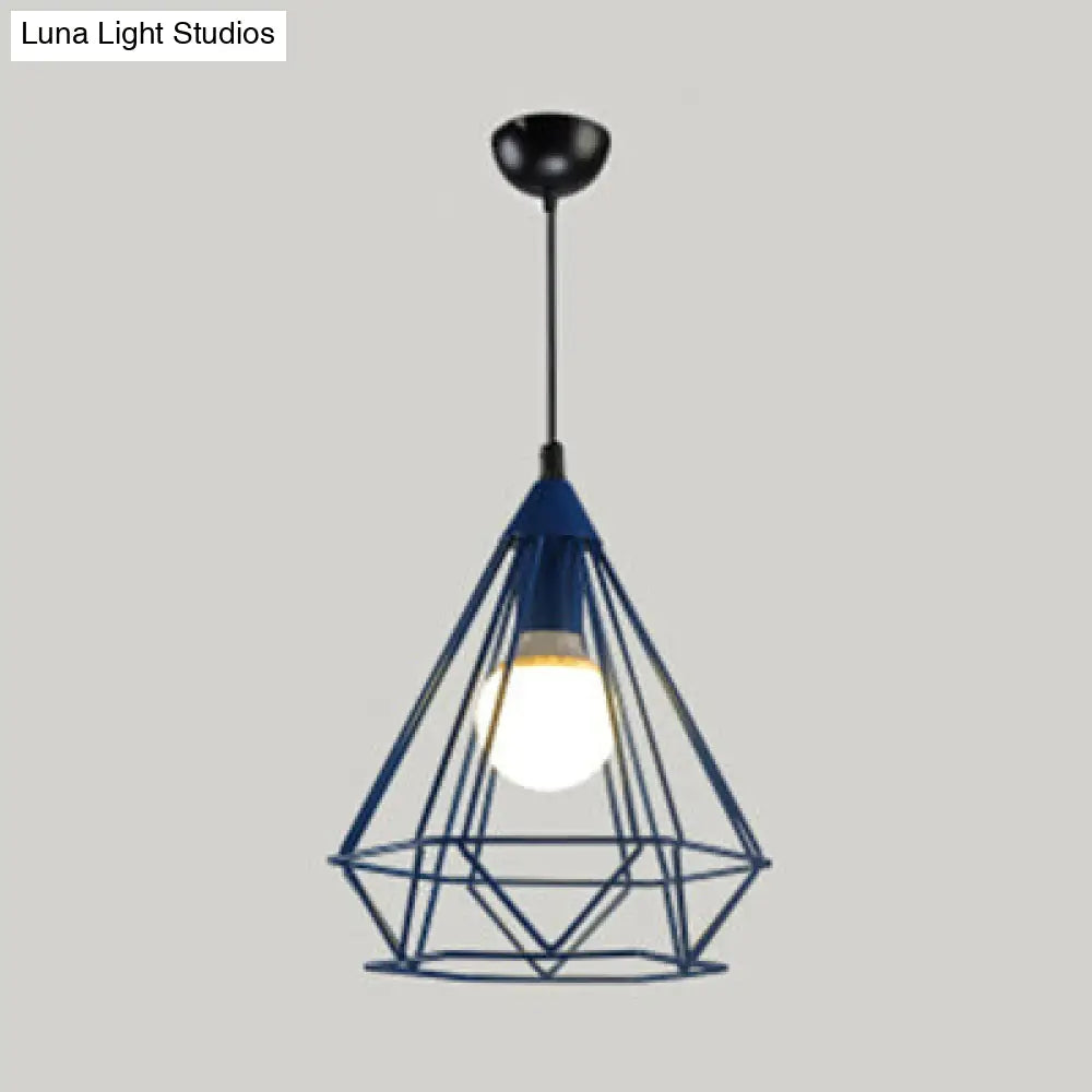 Metallic Diamond Cage Pendant Light For Modern Hotel Decor Blue / 10