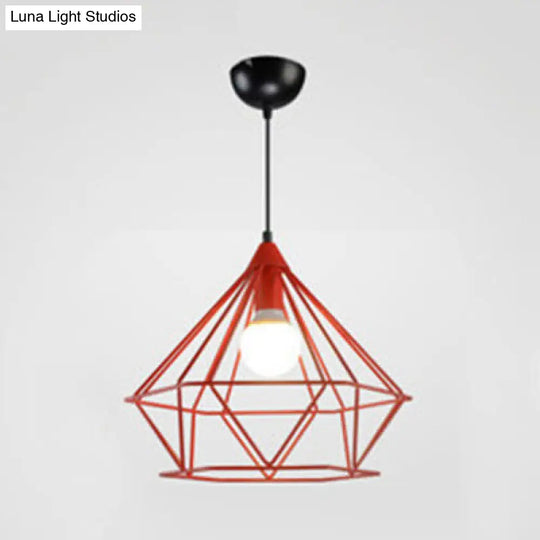 Metallic Diamond Cage Pendant Light For Modern Hotel Decor Red / 15.5