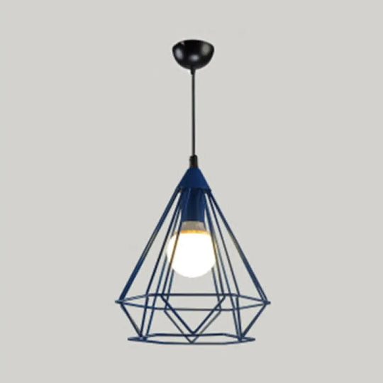 Modern Diamond Cage Pendant Light For Hotel - Single Head Metallic Hanging Fixture Blue / 10’