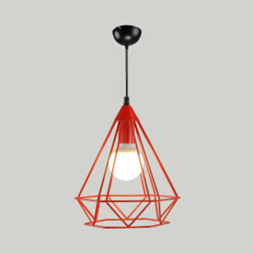 Modern Diamond Cage Pendant Light For Hotel - Single Head Metallic Hanging Fixture Red / 10’