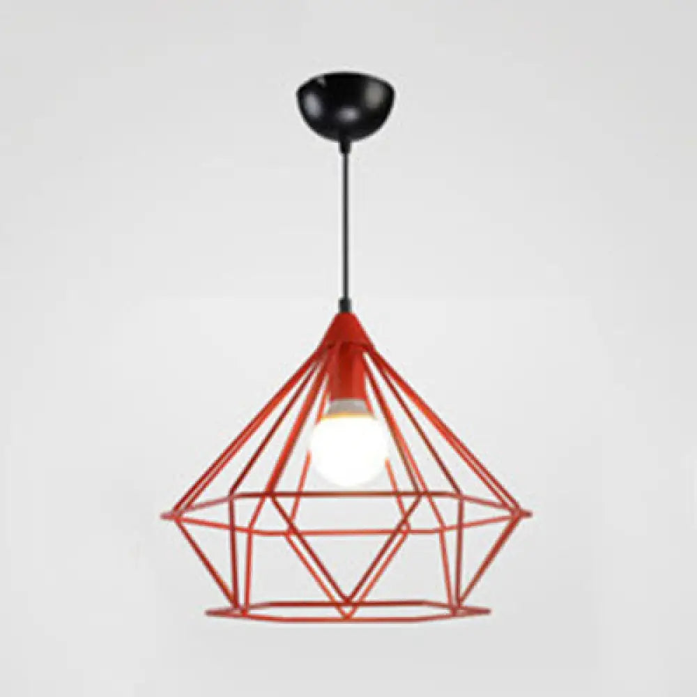 Modern Diamond Cage Pendant Light For Hotel - Single Head Metallic Hanging Fixture Red / 15.5’