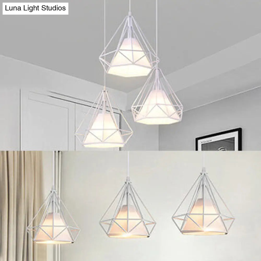 Modern White Metal And Fabric Diamond Cage Pendant Light With 3 Lights - Hanging Lamp