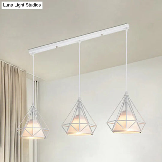 Modern White Metal And Fabric Diamond Cage Pendant Light With 3 Lights - Hanging Lamp / Linear