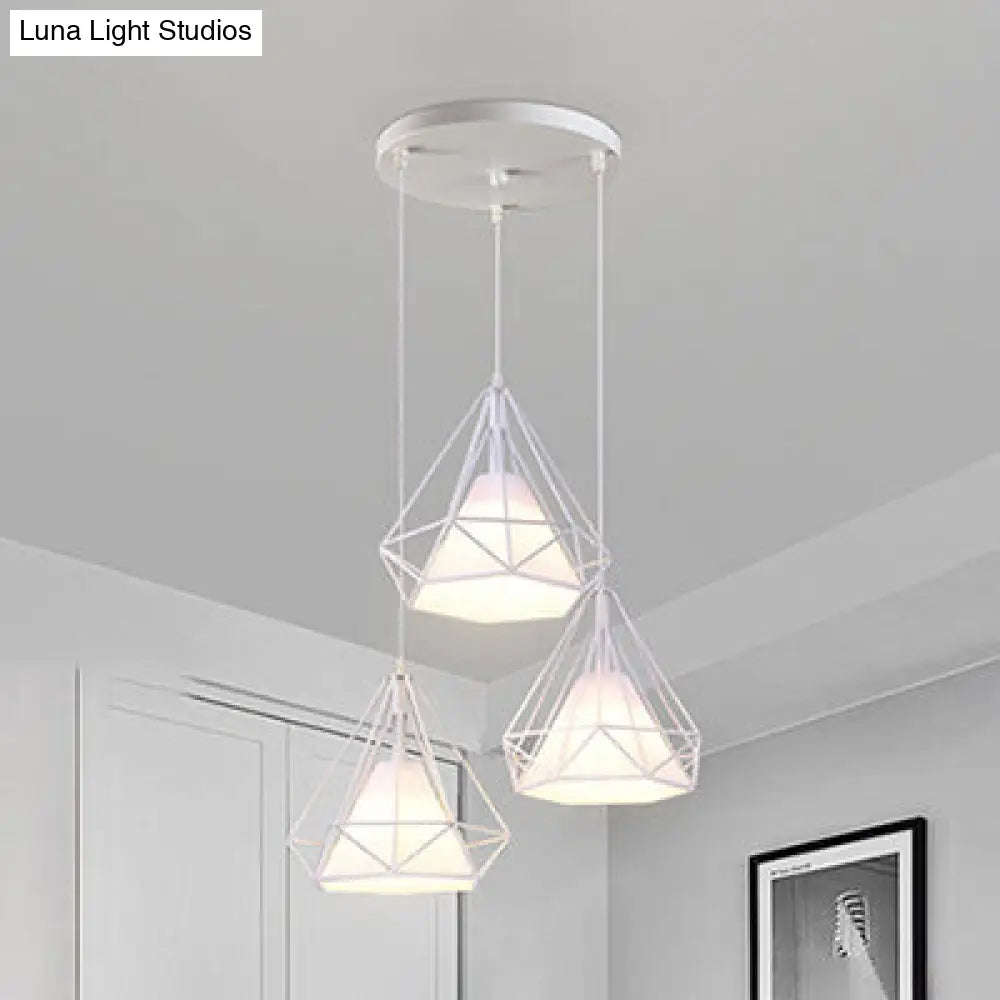 Modern White Metal And Fabric Diamond Cage Pendant Light With 3 Lights - Hanging Lamp / Round