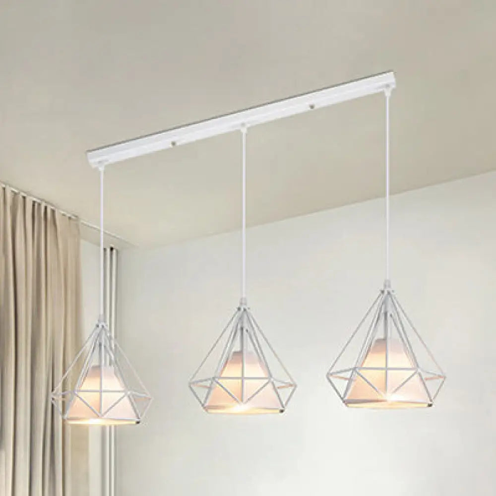 Modern Diamond Cage Pendant Light With 3 Lights - White Metal And Fabric Hanging Lamp / Linear