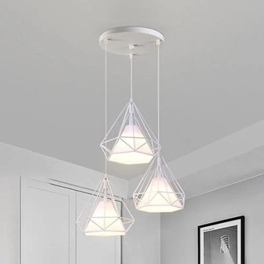 Modern Diamond Cage Pendant Light With 3 Lights - White Metal And Fabric Hanging Lamp / Round