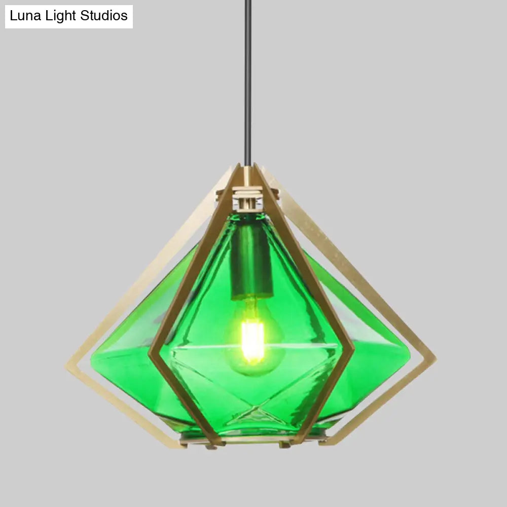 Modern Diamond Office Pendant Light Green/White Glass 5’/6.5’/10’ Wide 1-Light Hanging