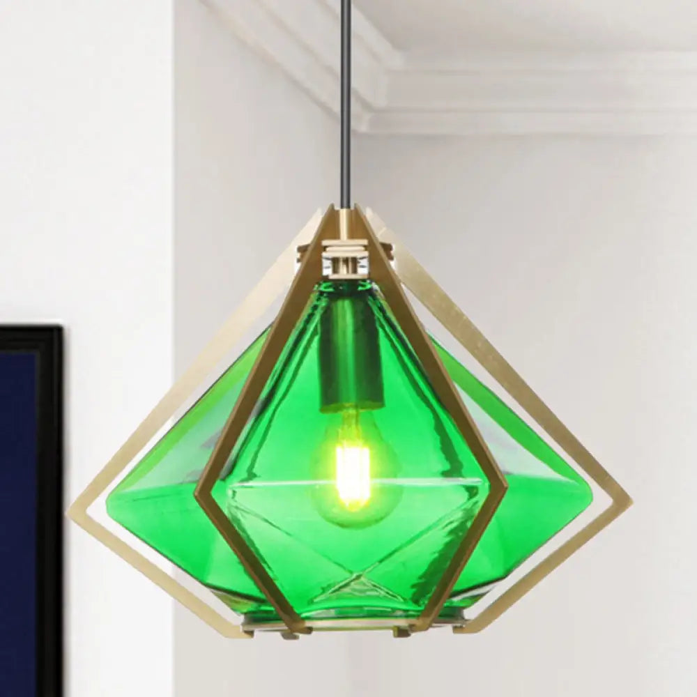 Modern Diamond Office Pendant Light Green/White Glass 5’/6.5’/10’ Wide 1-Light Hanging