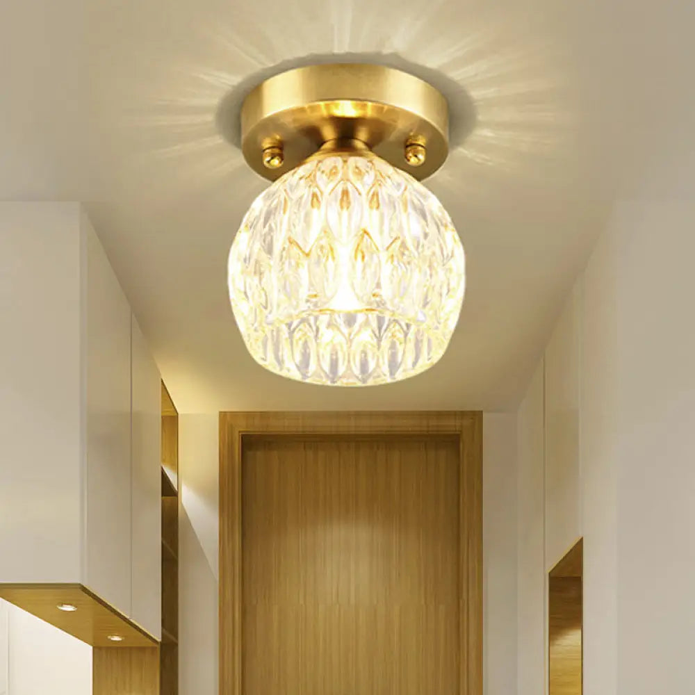 Modern Dimpled Crystal Flush Mount Ceiling Light For Corridor - 1 Brass Fixture