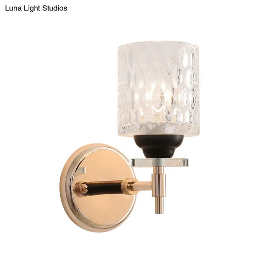 Modern Dimpled Glass Cylinder Wall Sconce - 1-Light Fixture In Black/Chrome