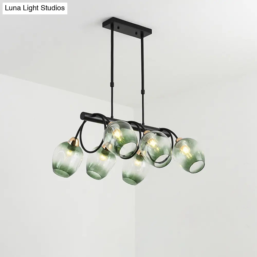 Modern Dimpled Glass Wine Cup Island Light With 6/8/10-Head Black Suspended Fixture Blue/Green Ombre