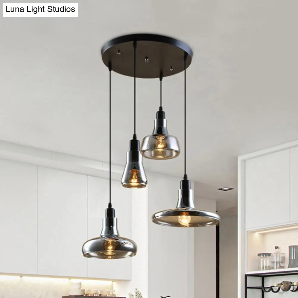 4-Light Round/Linear Canopy Multi Pendant With Smoked Glass Shades - Modern Dining Room Ceiling