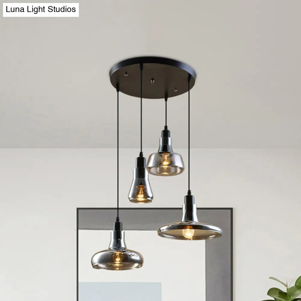 Modern Dining Room Hanging Ceiling Light - 4 Lights Round/Linear Canopy Multi Pendant With Smoked