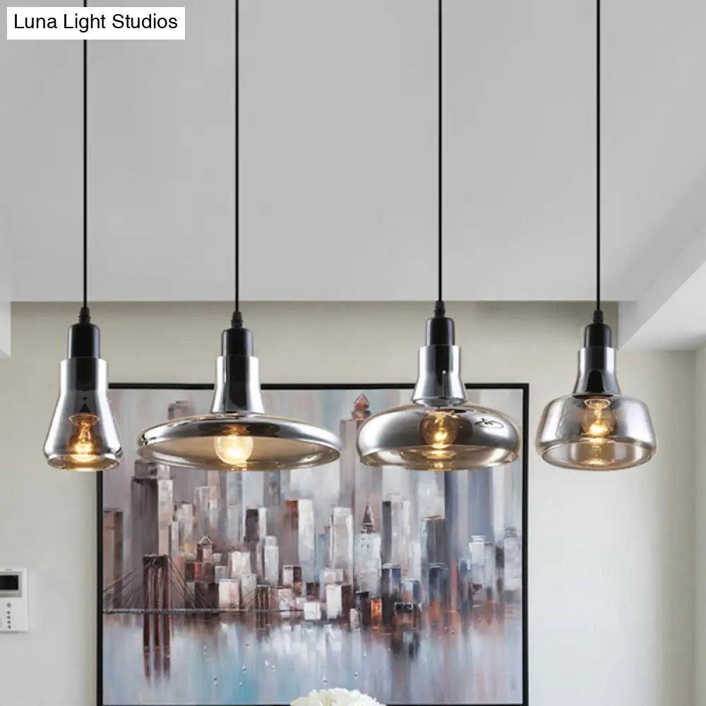 4-Light Round/Linear Canopy Multi Pendant With Smoked Glass Shades - Modern Dining Room Ceiling