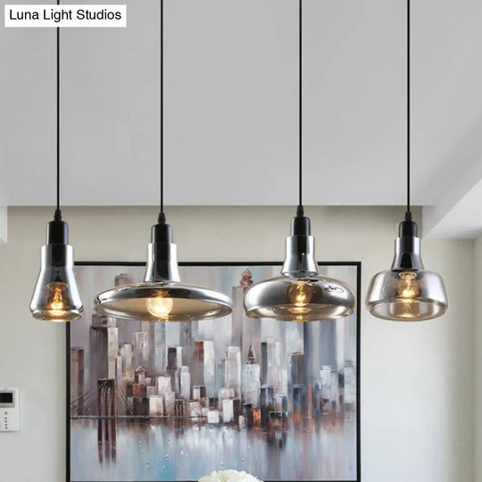 4-Light Round/Linear Canopy Multi Pendant With Smoked Glass Shades - Modern Dining Room Ceiling