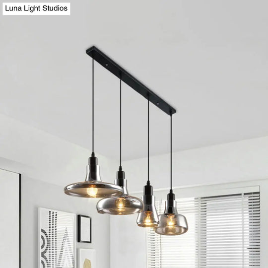 4-Light Round/Linear Canopy Multi Pendant With Smoked Glass Shades - Modern Dining Room Ceiling