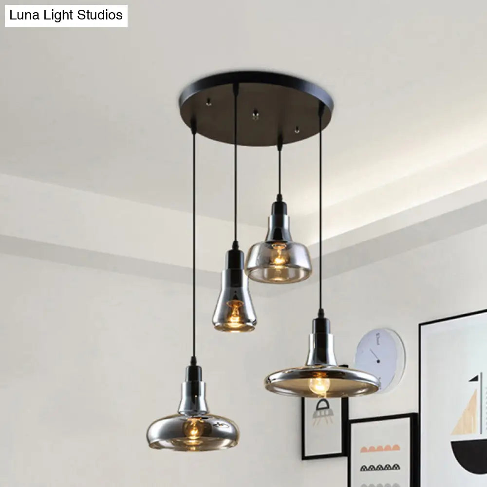 4-Light Round/Linear Canopy Multi Pendant With Smoked Glass Shades - Modern Dining Room Ceiling