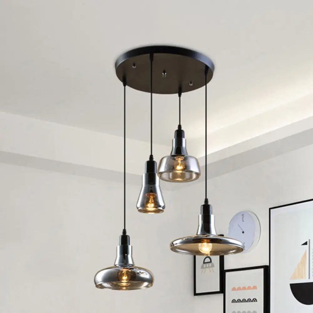 Modern Dining Room Hanging Ceiling Light - 4 Lights Round/Linear Canopy Multi Pendant With Smoked