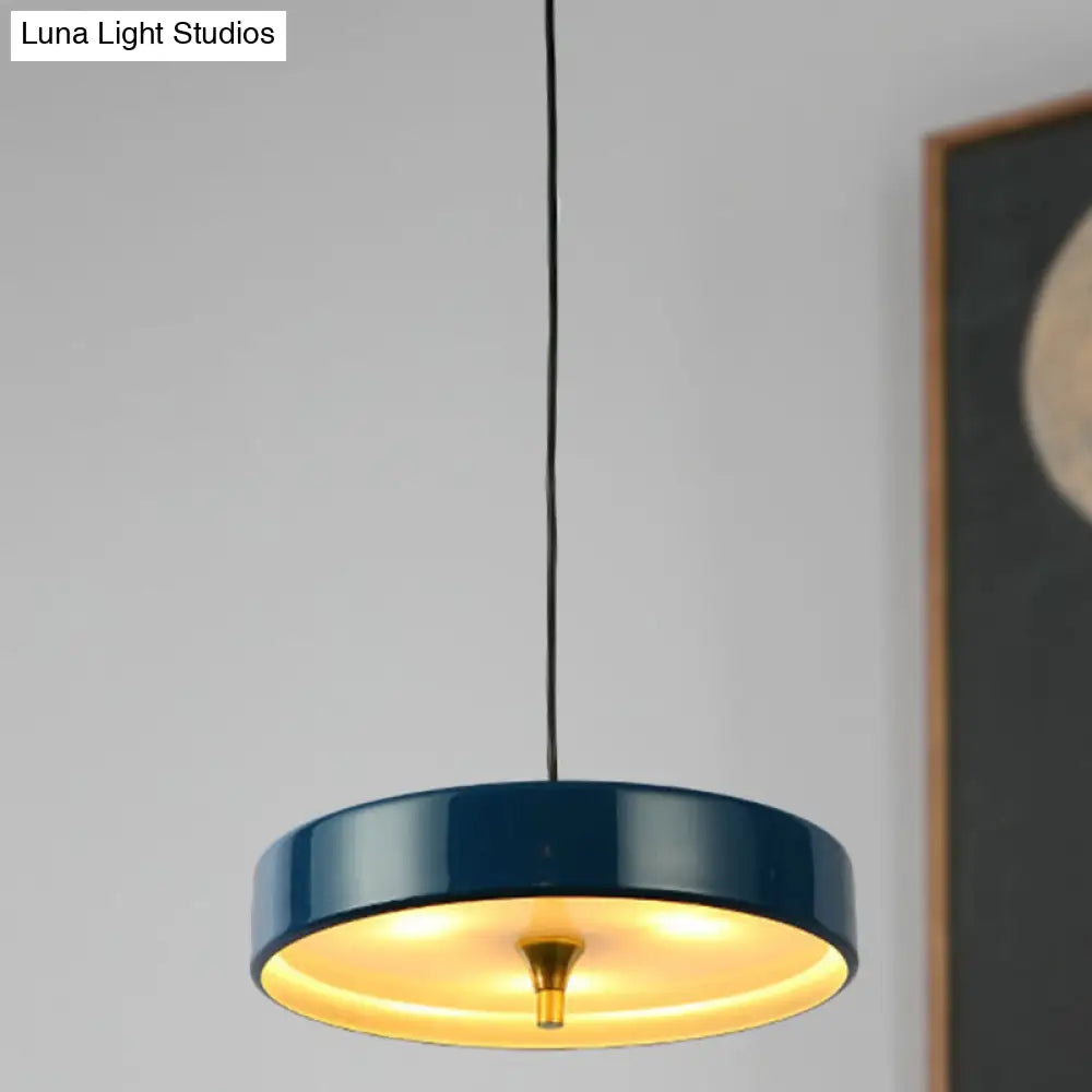 Contemporary Disk Pendant Light - Blue/White/Black Metal Bedroom Hanging Lamp